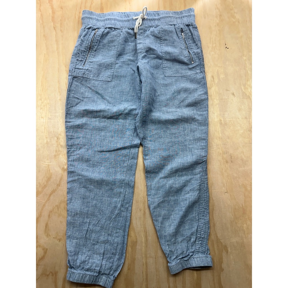 Athleta Cabo Linen Jogger Pants Blue Chambray Size 12‎ Drawstring Elastic Waist